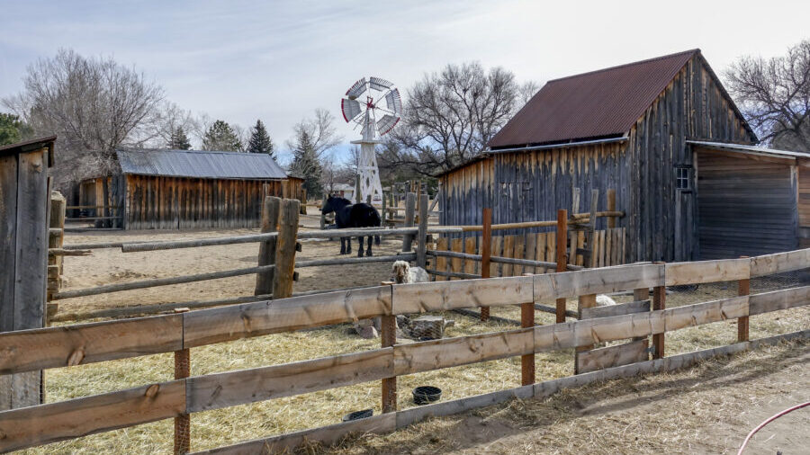Escena rústica de una granja con graneros de madera, un molino de viento y un corral vallado con un caballo negro