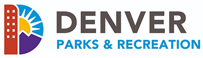 Logotipo de Parques y Ocio de Denver con un edificio estilizado y un sol