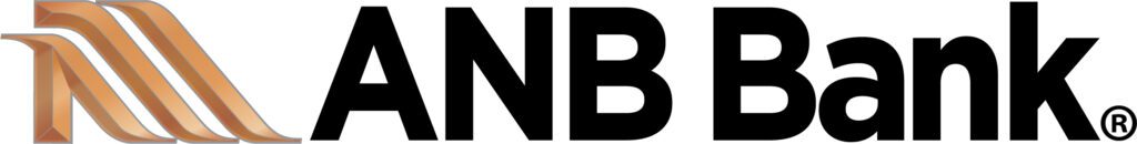 ANB Bank logo with three stylized orange bands and bold black text