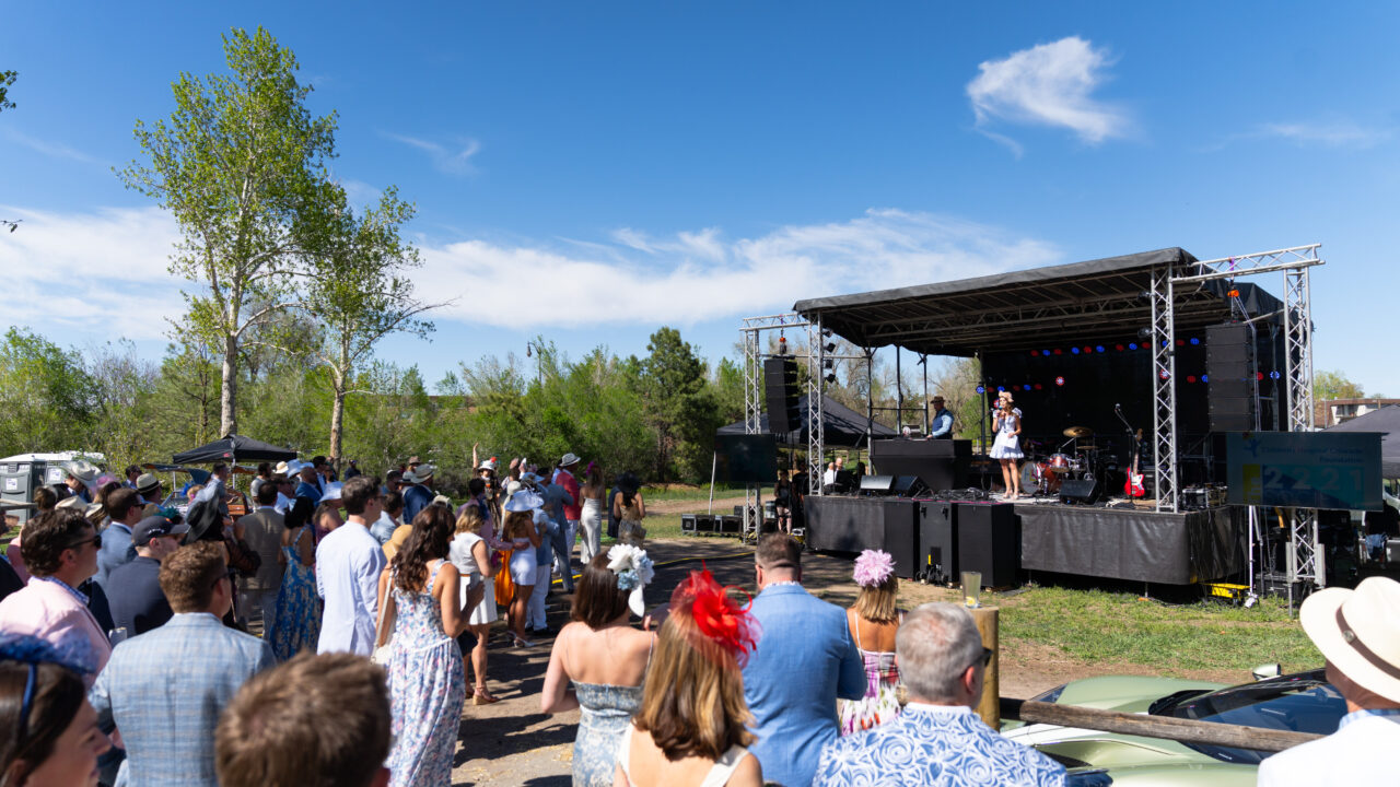 Outdoor event with crowd watching a musician on stage. Summer setting, people in formal attire, vibrant atmosphere
