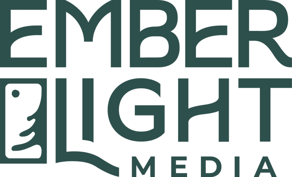 EMBER LIGHT MEDIA logo, dark teal text with stylized flame icon