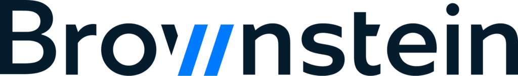 Brownstein logo with blue forward slashes replacing the "w"